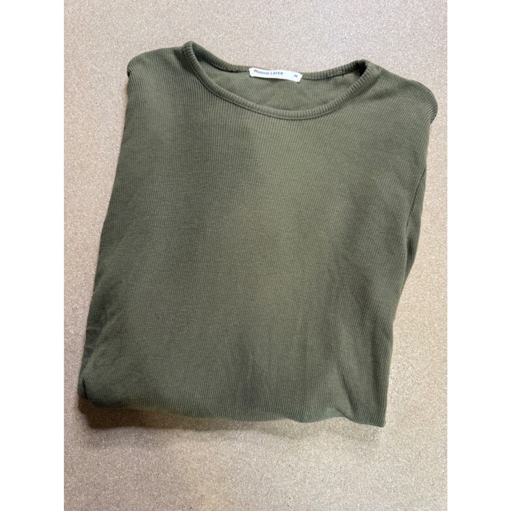 Marine Layer Womens Ribbed‎ Long Sleeve Top Olive Green Crew Neck Thumbholes M
